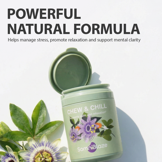 SomniBlaze CHEW & CHILL MOOD SUPPORT SUPPLEMENT: 20 soft chews per bottle, designed to help support a calm mood and healthy relaxation response.