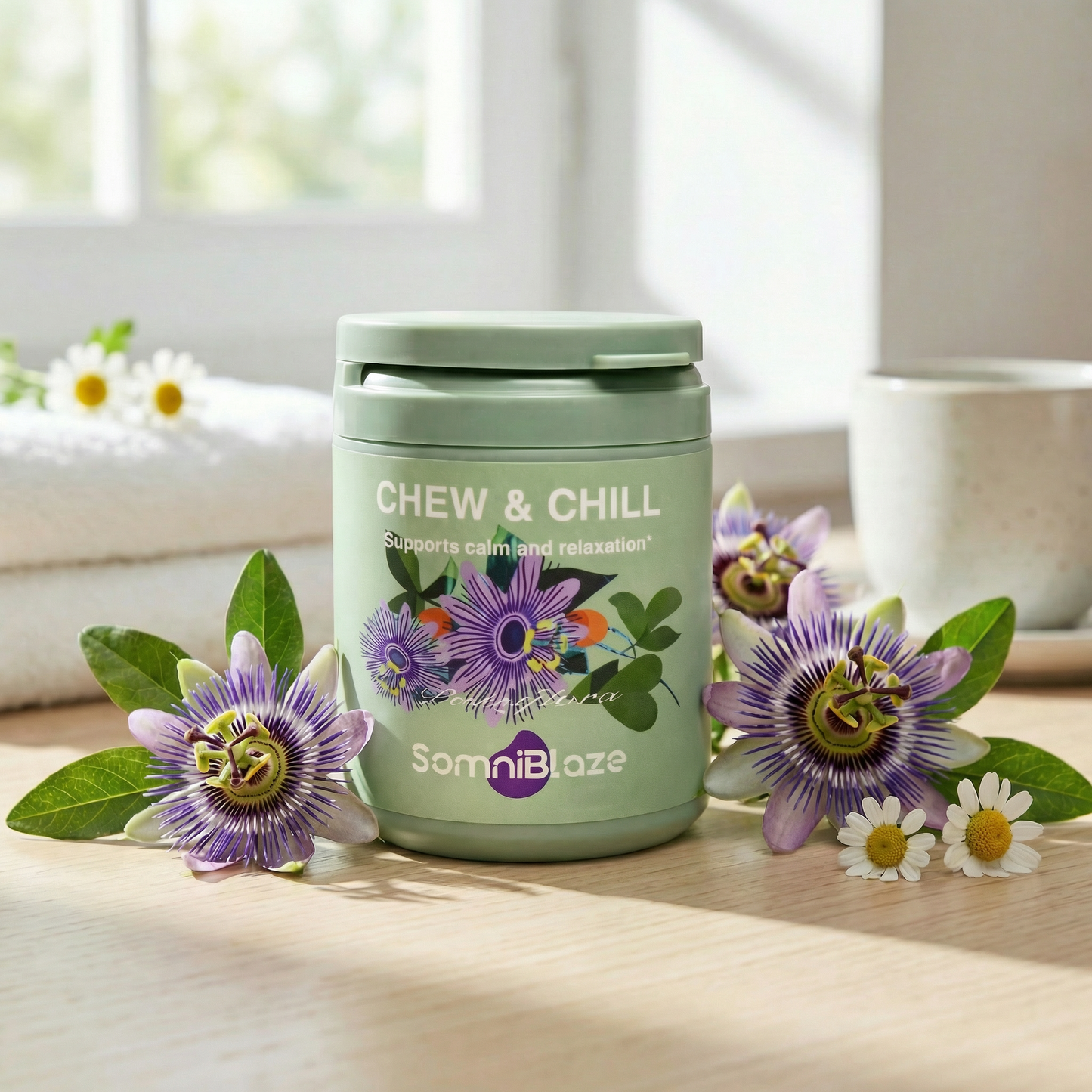 SomniBlaze CHEW & CHILL MOOD SUPPORT SUPPLEMENT: 20 soft chews per bottle, designed to help support a calm mood and healthy relaxation response.