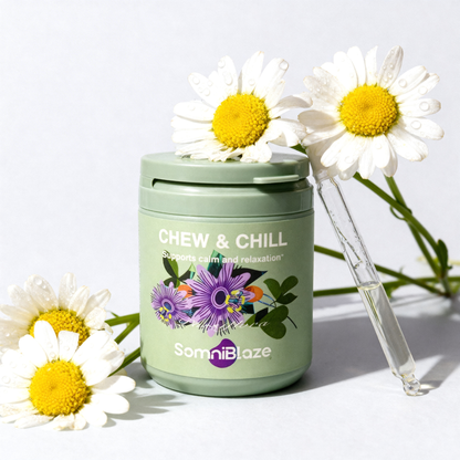 SomniBlaze CHEW & CHILL MOOD SUPPORT SUPPLEMENT: 20 soft chews per bottle, designed to help support a calm mood and healthy relaxation response.