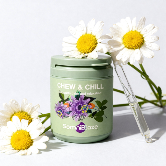 SomniBlaze CHEW & CHILL MOOD SUPPORT SUPPLEMENT: 20 soft chews per bottle, designed to help support a calm mood and healthy relaxation response.