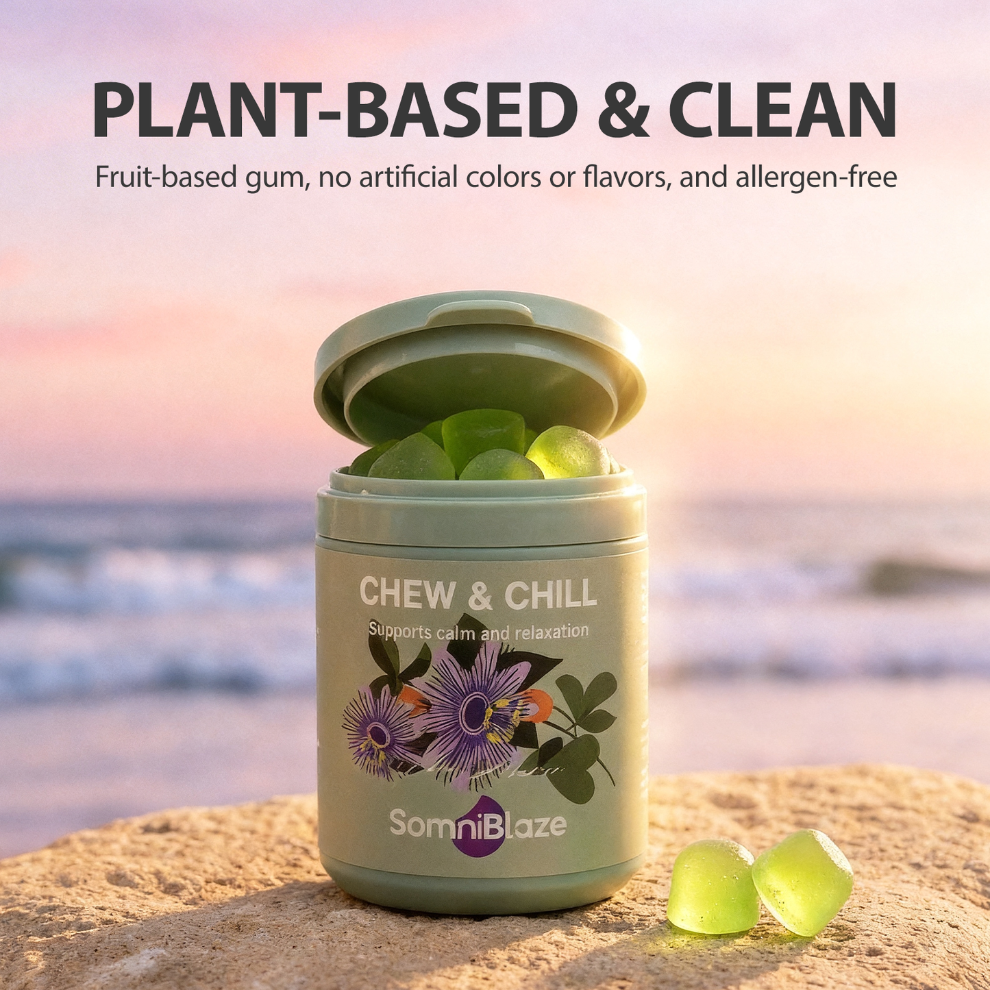 SomniBlaze CHEW & CHILL MOOD SUPPORT SUPPLEMENT: 20 soft chews per bottle, designed to help support a calm mood and healthy relaxation response.