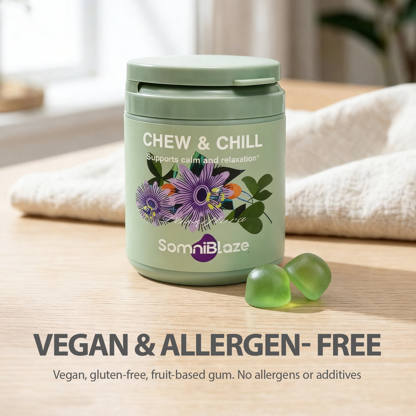 SomniBlaze CHEW & CHILL MOOD SUPPORT SUPPLEMENT: 20 soft chews per bottle, designed to help support a calm mood and healthy relaxation response.
