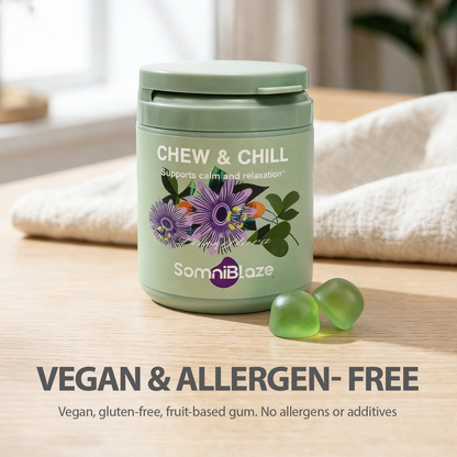 SomniBlaze CHEW & CHILL MOOD SUPPORT SUPPLEMENT: 20 soft chews per bottle, designed to help support a calm mood and healthy relaxation response.