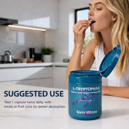 SomniBlaze L-TRYPTOPHAN 240mg 30 Capsules Supports a clam mood &healthy skin appearance& sleep support L-Tryptophan ,  Folic Acid , Vitamin B3 , Vitamin B6  Non-GMO, Gluten Free Supplement