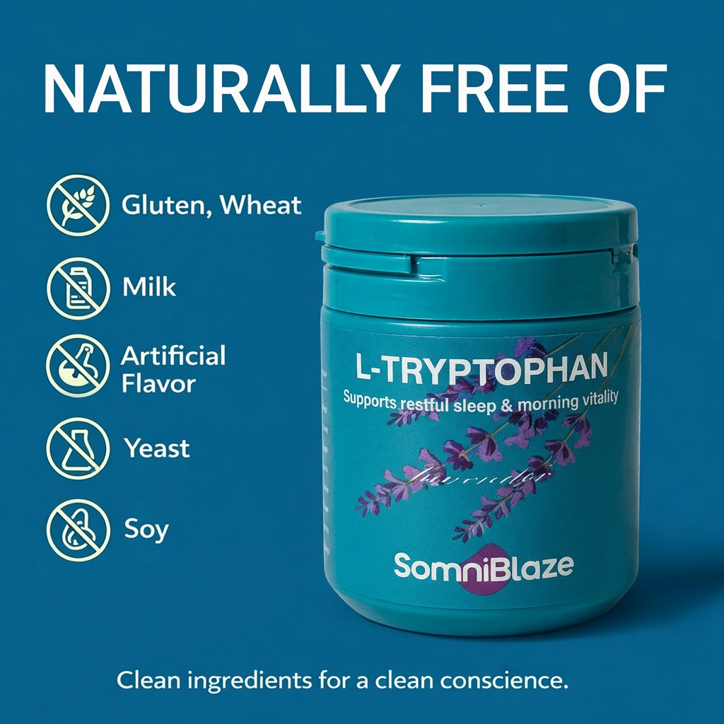 SomniBlaze L-TRYPTOPHAN 240mg 30 Capsules Supports a clam mood &healthy skin appearance& sleep support L-Tryptophan ,  Folic Acid , Vitamin B3 , Vitamin B6  Non-GMO, Gluten Free Supplement
