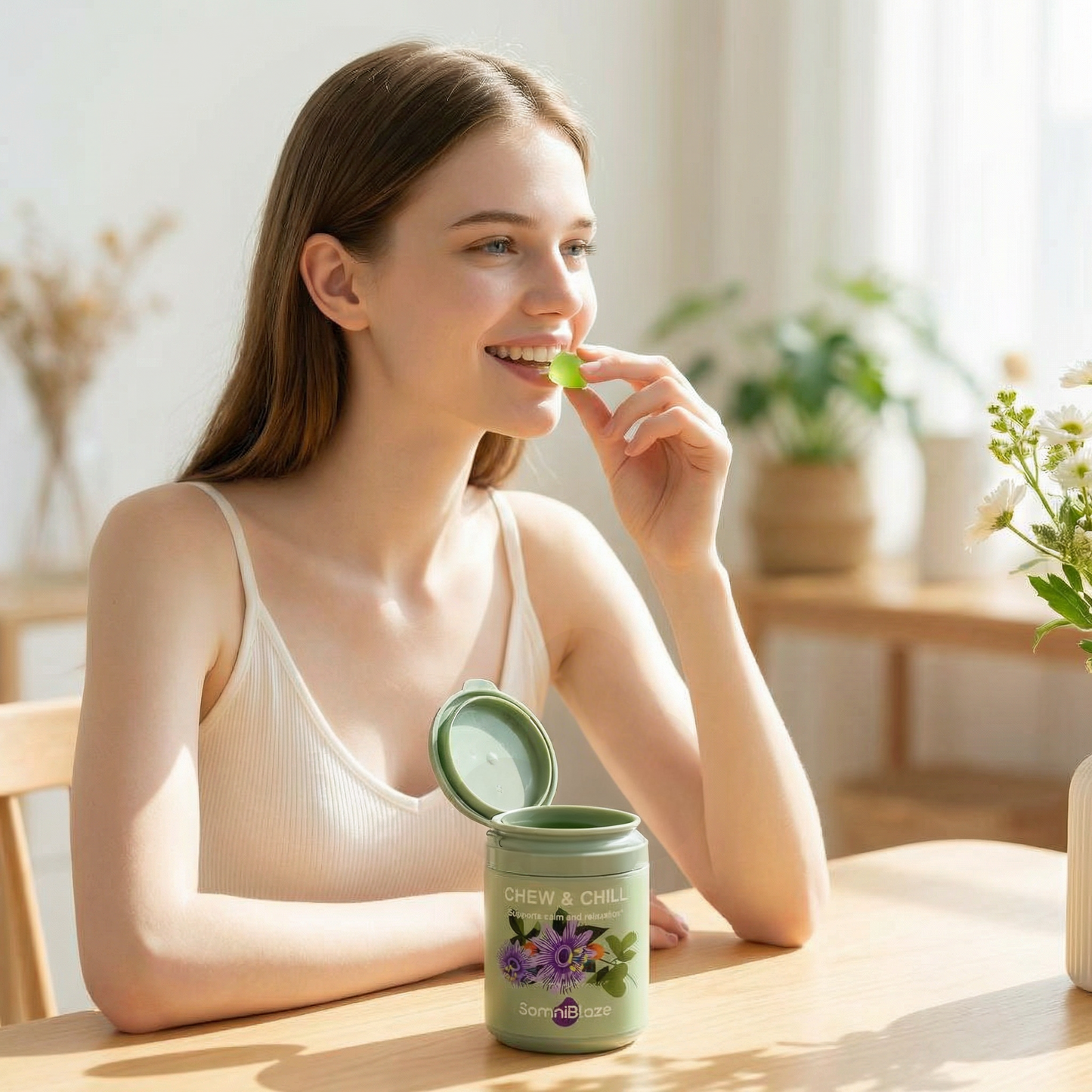 SomniBlaze CHEW & CHILL MOOD SUPPORT SUPPLEMENT: 20 soft chews per bottle, designed to help support a calm mood and healthy relaxation response.