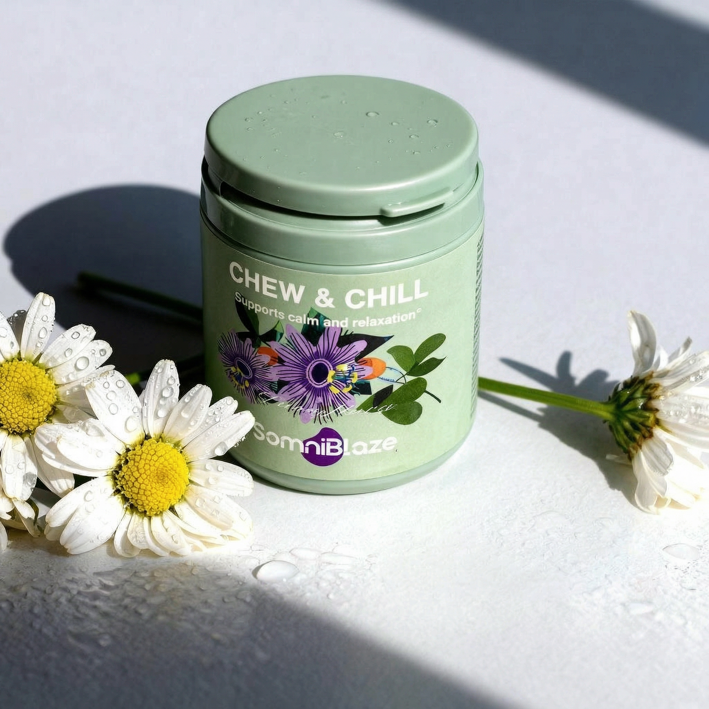 SomniBlaze CHEW & CHILL MOOD SUPPORT SUPPLEMENT: 20 soft chews per bottle, designed to help support a calm mood and healthy relaxation response.